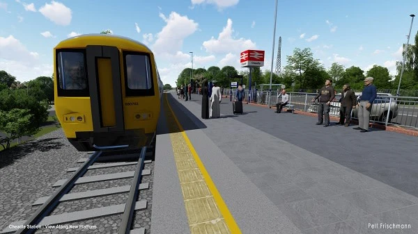Computer-generated image of the proposed Cheadle station: a yellow Northern train at a single platform with a shelter, a railway station sign and passengers waiting