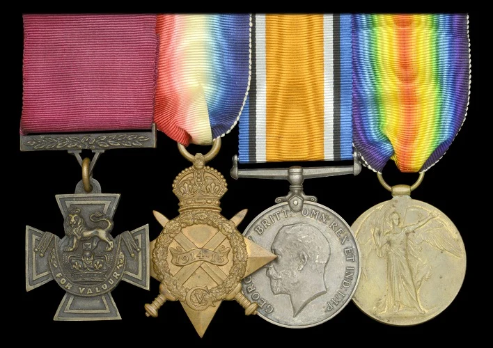 James Kirk's four medals on their ribbons: the Victoria Cross, the 1914-15 Star, the British War Medal and the Victory Medal