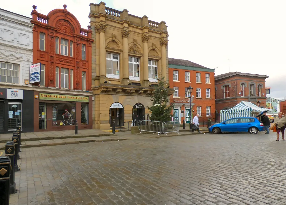 Stockport Market Place, with the Produce Hall in the centre. Dress the Bride, at 4 Market Place, was one of September's 37 top ratings.