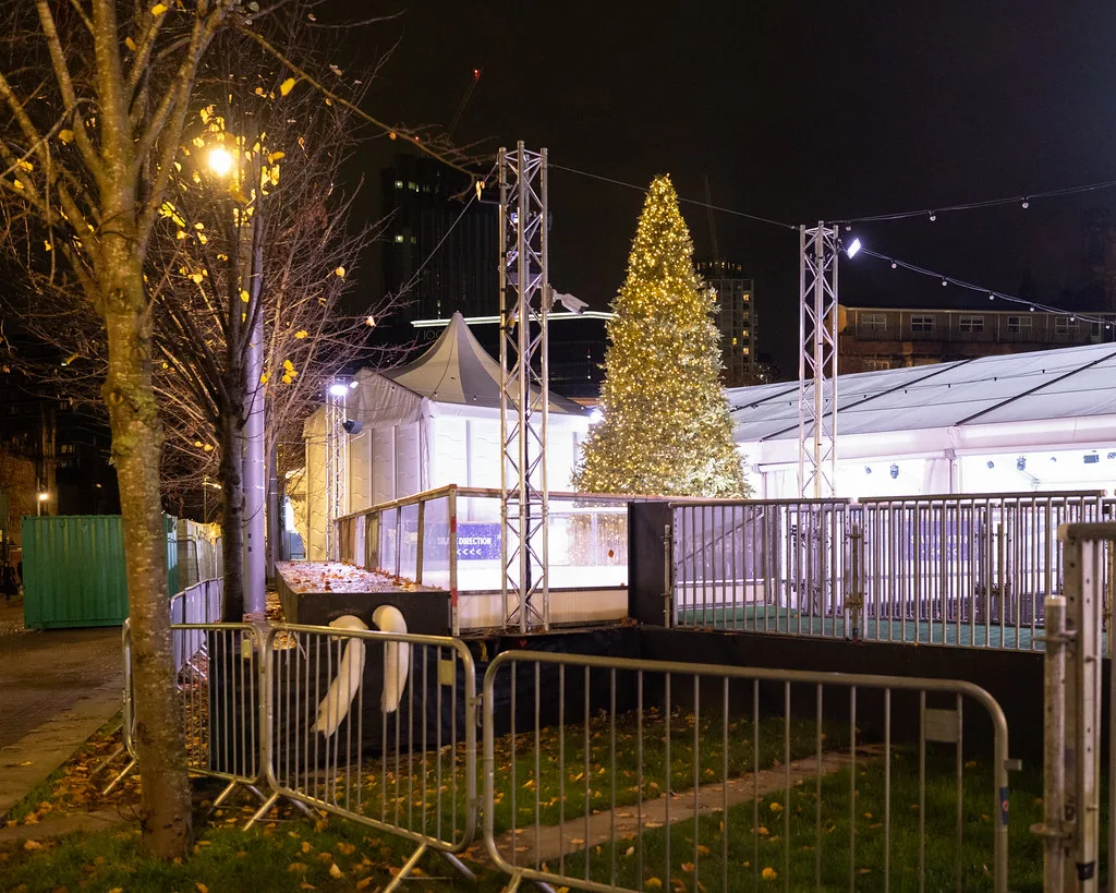 The covered ice rink at Cathedral Gardens, Manchester, beside the Christmas market