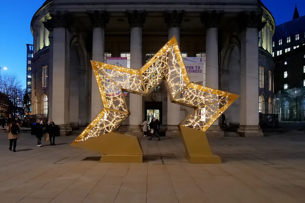 The Christmas star outside Manchester Central Library in St Peter's Square, where the city's New Year fireworks are fired from the library roof.