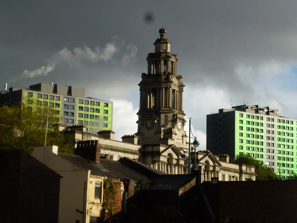 The clock tower of Stockport Town Hall on Wellington Road South
