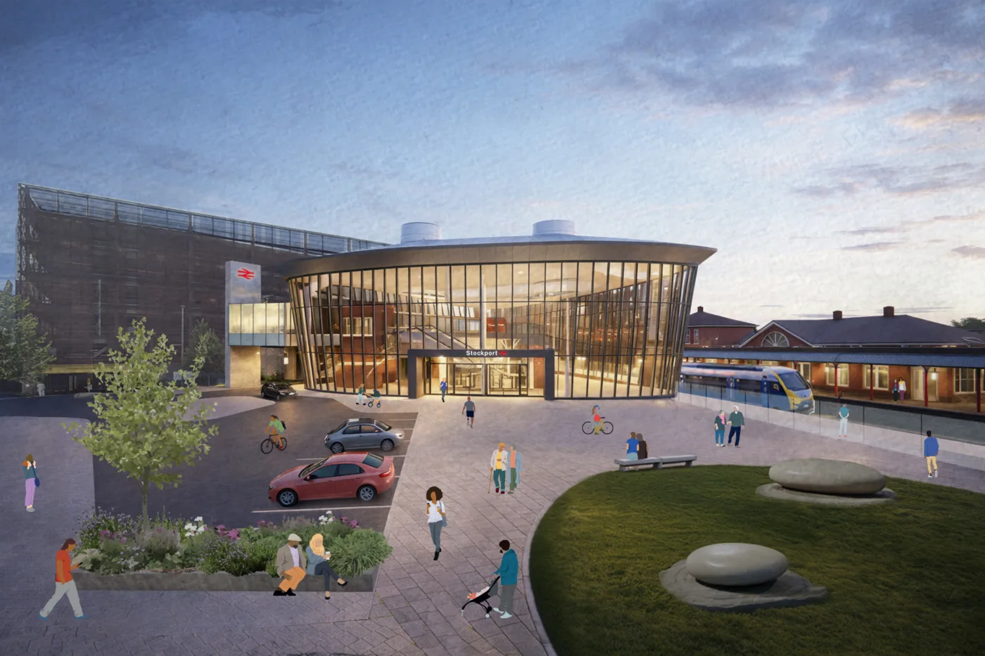 Computer-generated image of a proposed curved, glass-fronted station building on the town centre side of Stockport station, with a landscaped forecourt and the existing brick platform buildings to the right